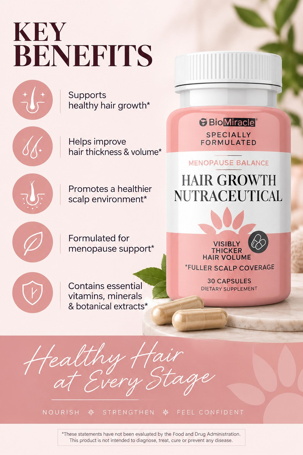 Hair Growth Nutraceutical, Visibly Thicker Hair Volume, Fuller Scalp Coverage, 1 Month Supply, 30 Capsules, Dietary Supplement