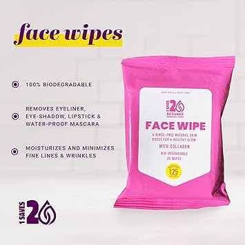 Face Wipe with Collagen Bio-Degradable 25 Count (3 Pack)