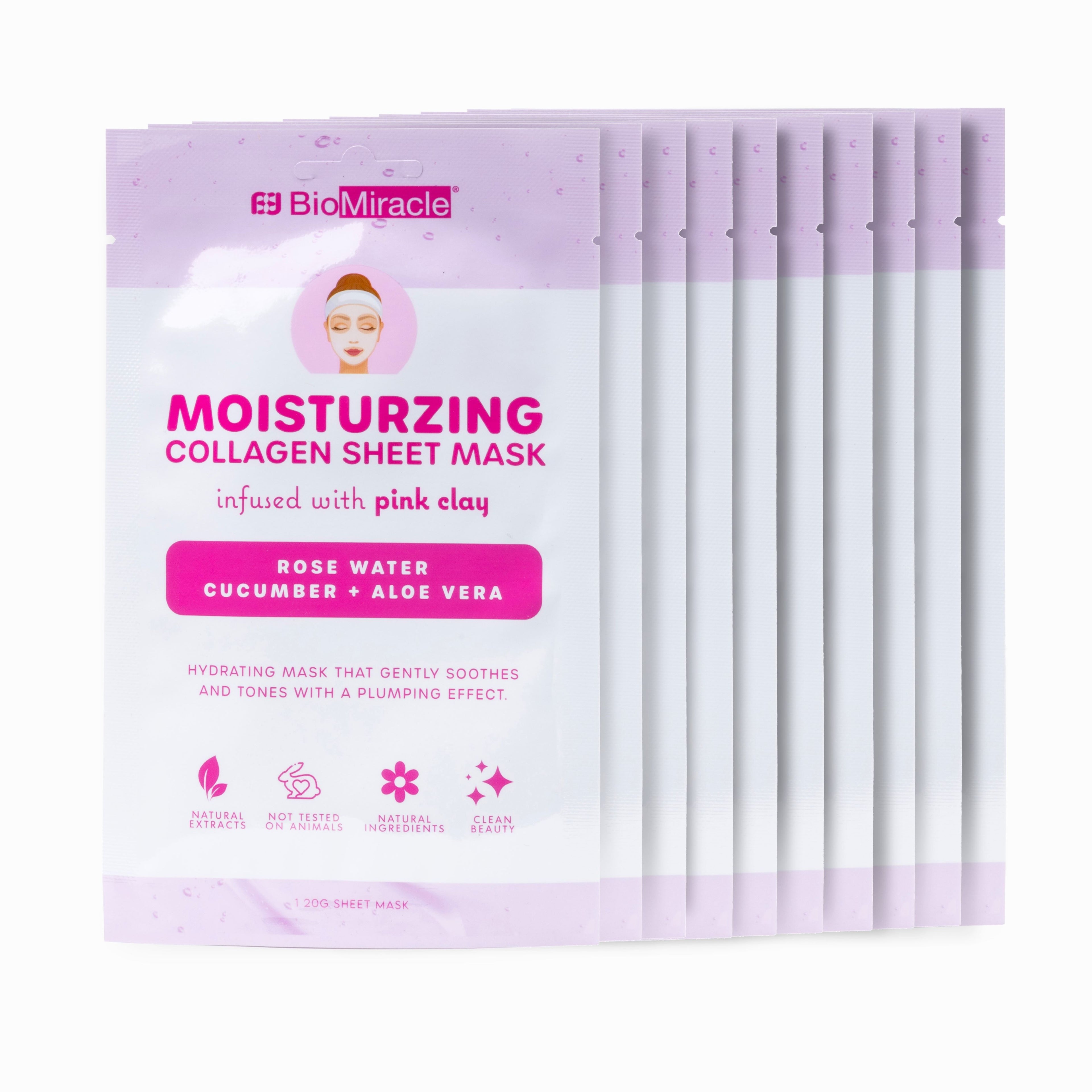 Moisturizing Collagen Sheet Mask Infused with Pink Clay, Rose Water, Cucumber and Aloe Vera 10 Pack