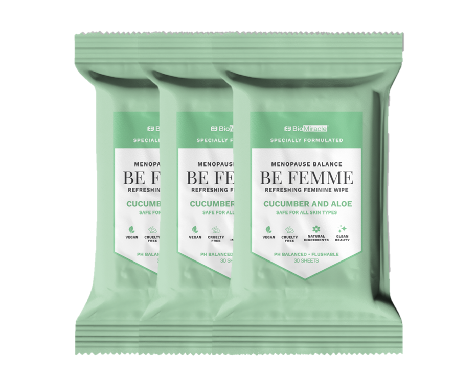 Be Femme Refreshing Feminine Wipe Cucumber and Aloe, Menopause Balance, Specially Formulated, Safe For All Skin Types, pH Balanced, Flushable, 90 Wipes, 3 Pack
