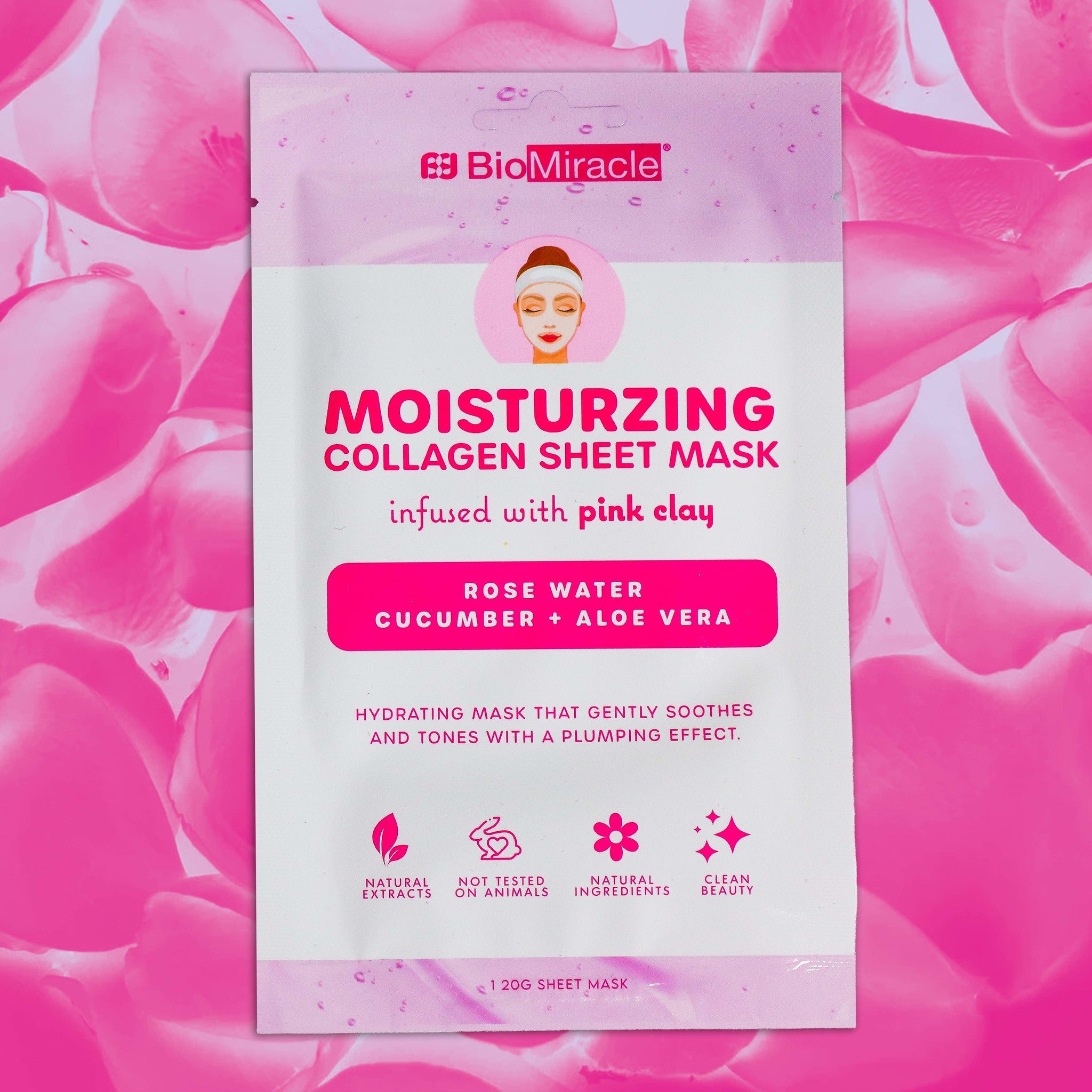 Moisturizing Collagen Sheet Mask Infused with Pink Clay, Rose Water, Cucumber and Aloe Vera 10 Pack