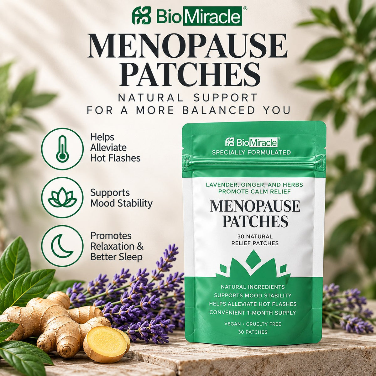 Menopause Patches Lavender, Ginger, and Herbs Promote Calm Relief, Vegan + Cruelty Free, 1 Month Supply, 30 Natural Relief Patches