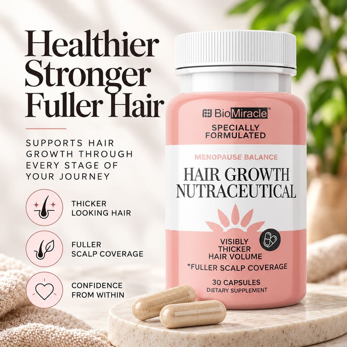 Hair Growth Nutraceutical, Visibly Thicker Hair Volume, Fuller Scalp Coverage, 1 Month Supply, 30 Capsules, Dietary Supplement