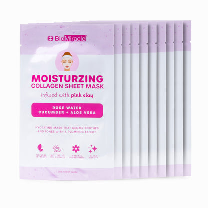 Moisturizing Collagen Sheet Mask Infused with Pink Clay, Rose Water, Cucumber and Aloe Vera-10 Pack