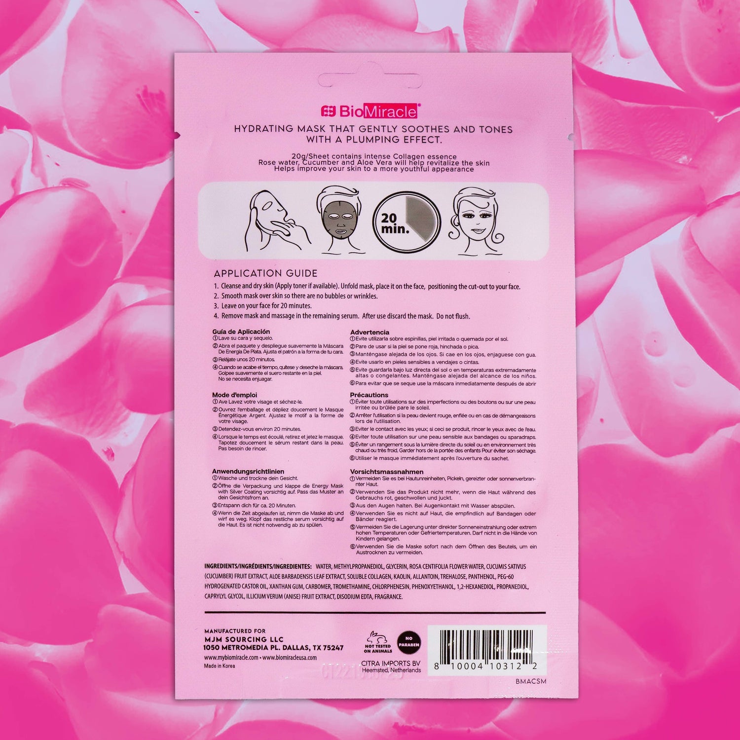 Moisturizing Collagen Sheet Mask Infused with Pink Clay, Rose Water, Cucumber and Aloe Vera 10 Pack